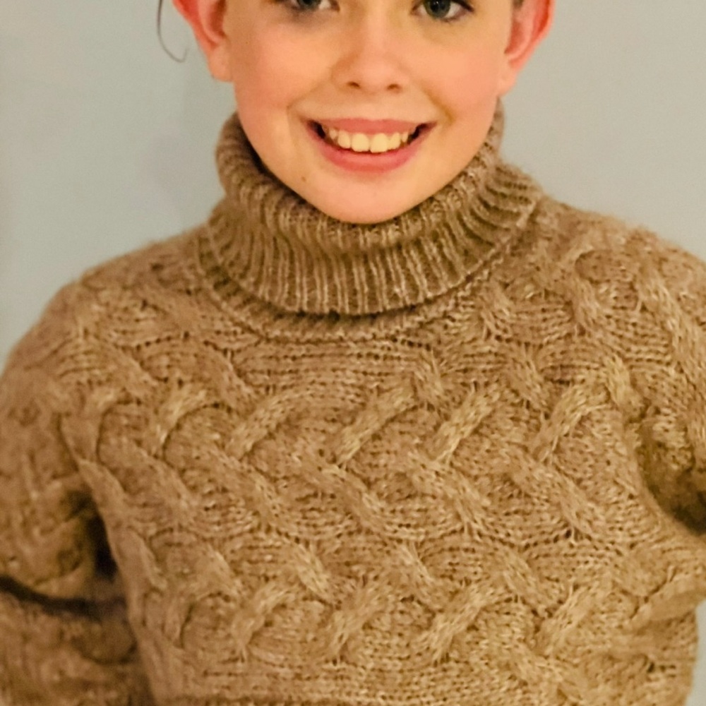 Girls' ZARA Light Camel Tan Cable Knit Crew Neck Fisherman Sweater, Size 9-10